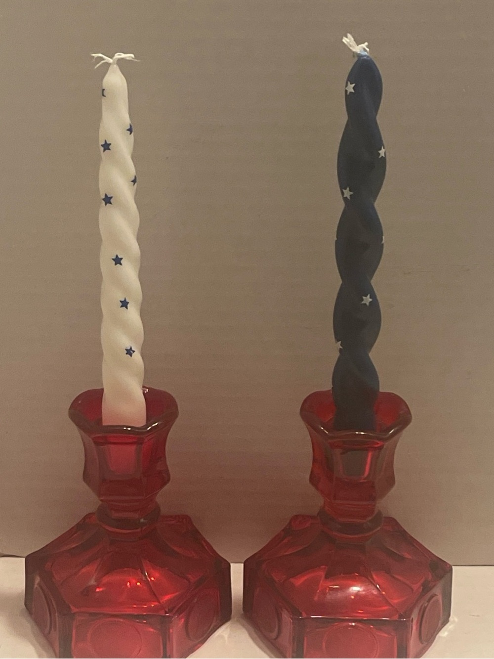 Vintage Fostoria Liberty Bell Glass candlestick holders w/4th of July candles